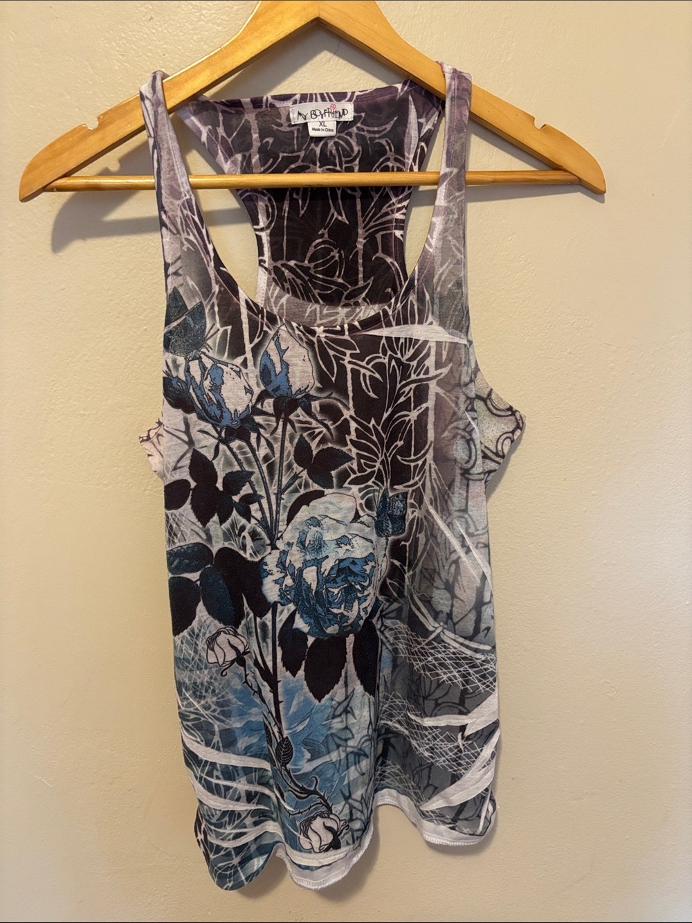 Floral Racerback Tank Top in Blue and Gray